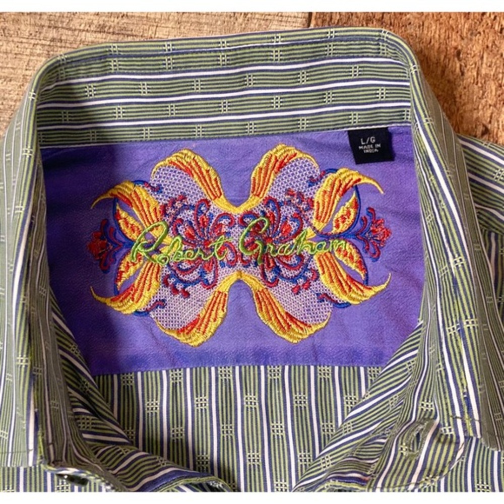 Robert Graham Mens L Green Blue Striped Dobby Long Sleeve Button Down Shirt - Picture 4 of 8